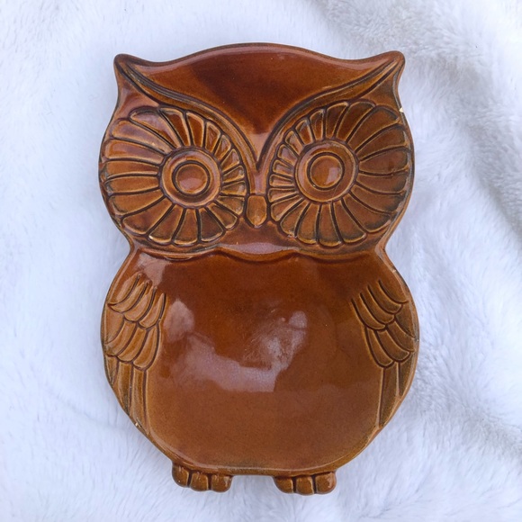 Vintage Retro Cracker Barrel Brown Owl Ceramic Double Side Dish